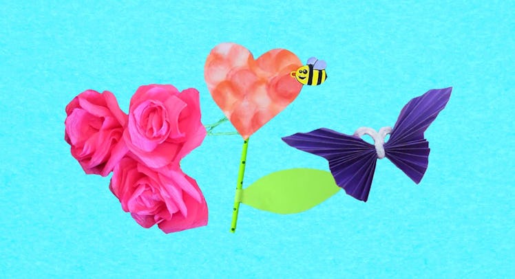 different mothers day craft projects are pictured against a sky blue backdrop