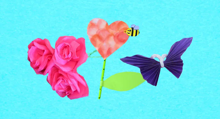 different mothers day craft projects are pictured against a sky blue backdrop