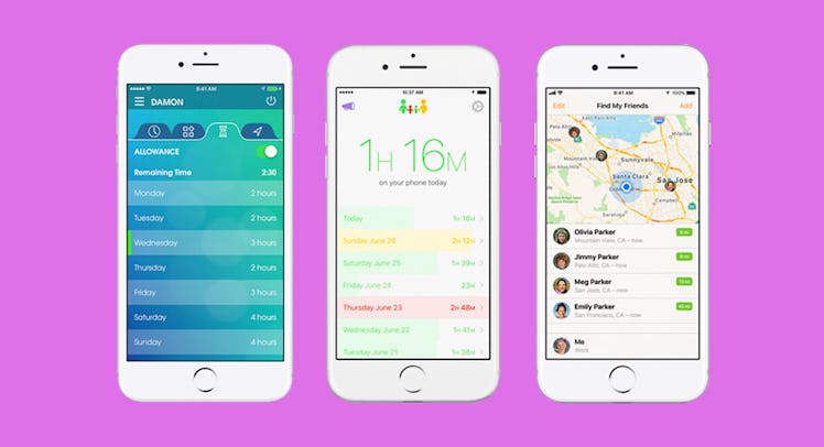 Three mobile phones with different parental control apps turned on
