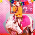 Collage of a girl riding a bull in a pink designed room