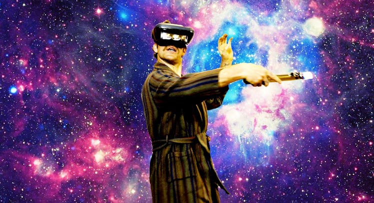 A man acting as a Padawan with a lightsaber with a galaxy themed background