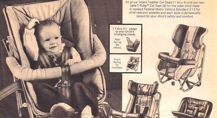 Two pages from an old magazine with a baby in a car seat and a text about car-seat safety