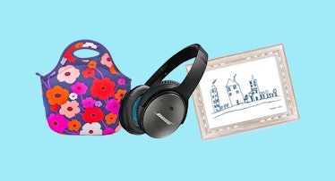 Collage of a floral purse, headphones, and a framed city drawing
