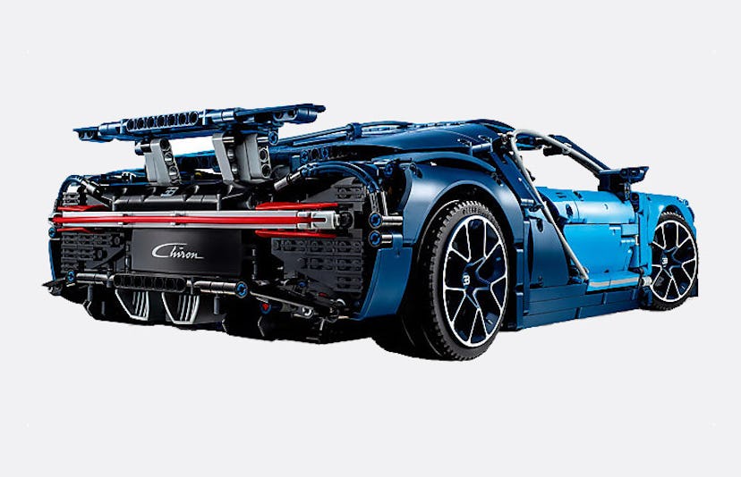 Lego Bugatti Chrion in blue with red rear lights and a black sign with "Chrion" in silver writing. 