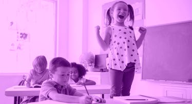 pink photo edit of a young girl standing on her chair at school and shouting