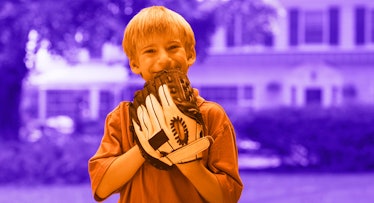 Kid breaking in baseball glove the right way.