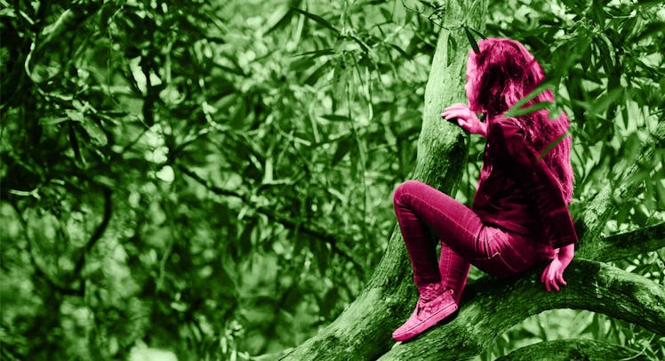 Girl learning how to climb a tree safely.