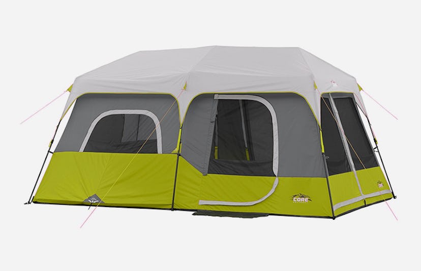 The Core 9-person Instant Cabin Tent in off-white, grey and green