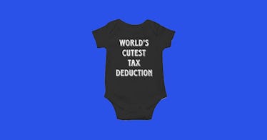 Funny baby onesie set against a dark blue background