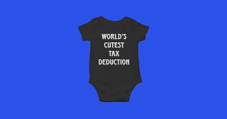 Funny baby onesie set against a dark blue background