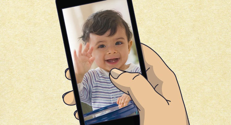 An illustrated parent's hand holding a phone while talking with his son on a phone video call