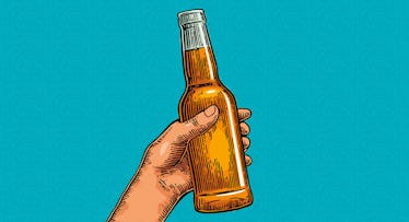 illustration of hand grasping beer bottle on blue background