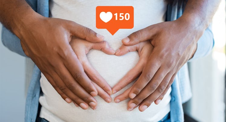 A pregnant woman and her partner's hands on her stomach, above them is a symbol showing 150 likes