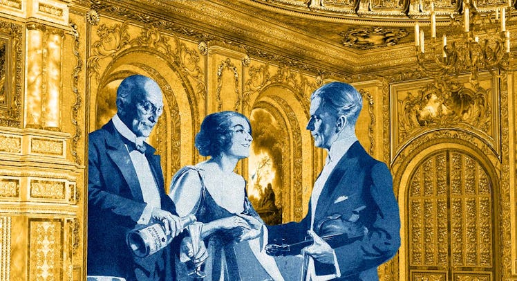 Three rich people socializing and drinking champagne in a large hall, people are blue, the hall is y...