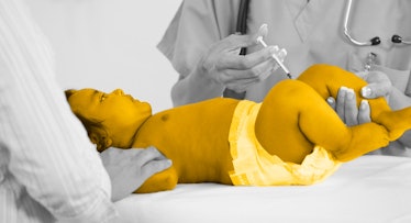 A black and yellow picture of a baby lying on the table while a doctor gives it a vaccine
