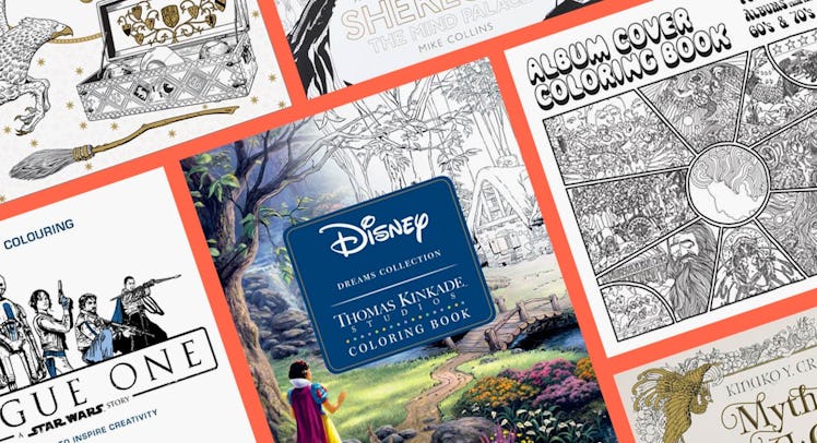 Adult coloring books placed next to each other, with Disney's Snow White in the middle.