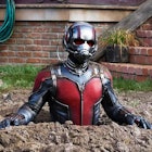 The Ant-Man character in one scene of the movie "Ant-Man", where he is stuck in dirt, buried to his ...