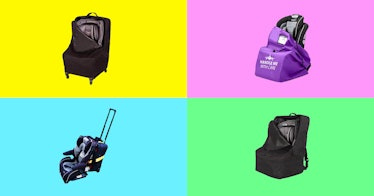 Car seat travel bags against a multi-colored background