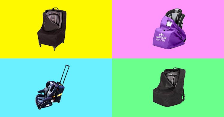 Car seat travel bags against a multi-colored background