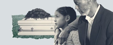 Girl and her dad looking out at a casket.