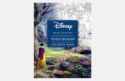 A forest, a river, and Snow White next to a little deer, on the cover of Disney's coloring book.