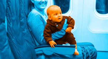 blue and pink photo edit of a happy mother seated on an airplane flying with a baby