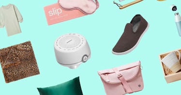 A collage of the best gifts for new moms with a blue background