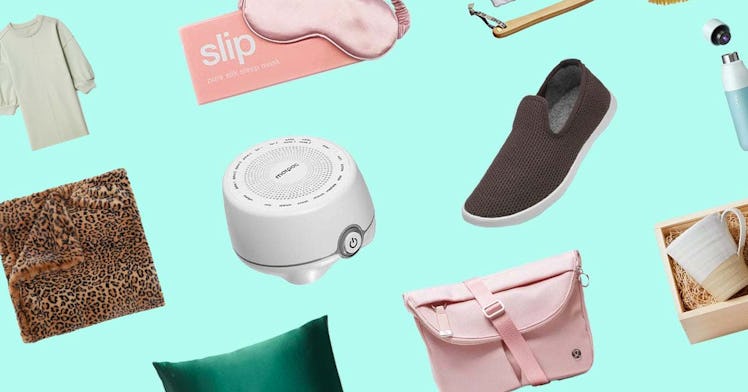 A collage of the best gifts for new moms with a blue background