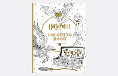 A cover of an adult coloring book with Harry Potter scenes, characters, and artifacts from the serie...