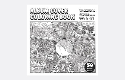 The cover of a coloring book featuring psychedelic imagery and 60s and 70s music scene.
