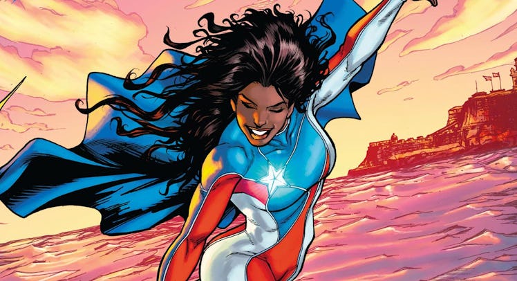 The Puerto Rican superhero La Borinqueña in a red, white and blue suit
