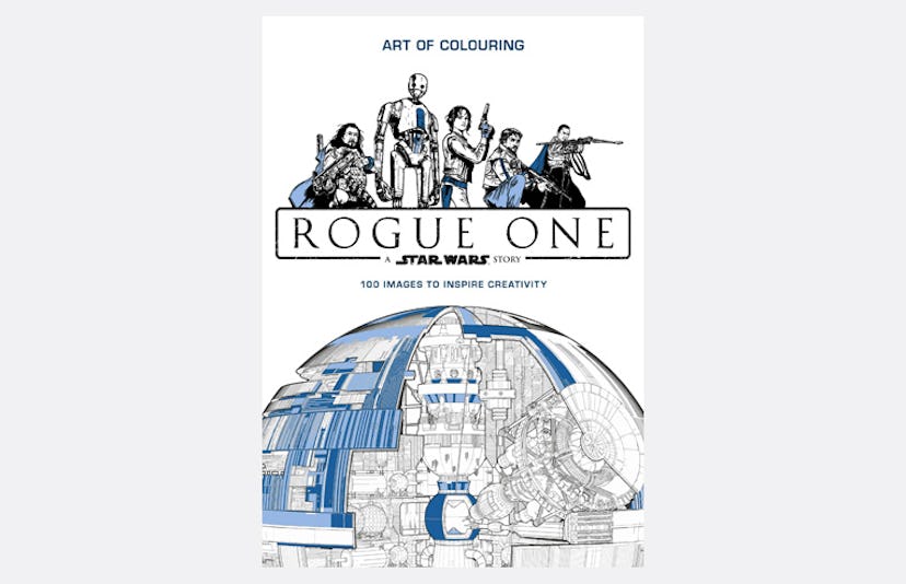 A cover of an adult coloring book featuring "Rogue One: A Star Wars story" characters and scenes.