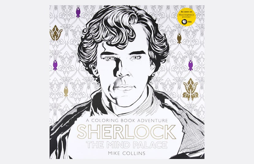 Benedict Cumberbatch as Sherlock Holmes, on the cover of an adult coloring book called the mind pala...