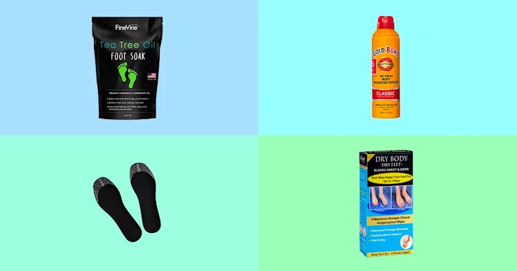 four foot odor deodorants isolated on four quadrant blue and green background