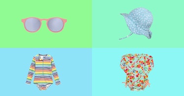 SPF clothing and swimsuits for babies, against a multi-colored backdrop