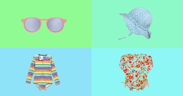 SPF clothing and swimsuits for babies, against a multi-colored backdrop