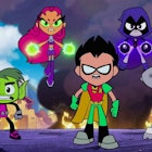 A still from the animated show teen titans go with the whole team holding their ground against an en...