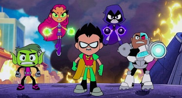 A still from the animated show teen titans go with the whole team holding their ground against an en...
