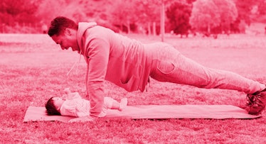 A man doing father-daughter yoga with his baby girl in a park with a pink color filter