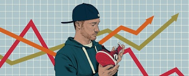 An illustrated StockX Founder Josh Luber holding a red sneaker with a graph behind him