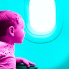 blue and pink photo edit of a toddler flying on an airplane and looking out the window