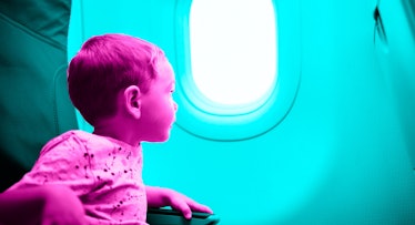 blue and pink photo edit of a toddler flying on an airplane and looking out the window