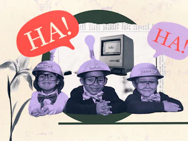 photo collage three kids answer riddles quiz-show style, with lightbulbs over their heads and a TV i...