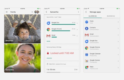 Three screenshots of the Google Family Link app