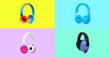A  four-part multi-colored collage of noise cancelling headphones for kids