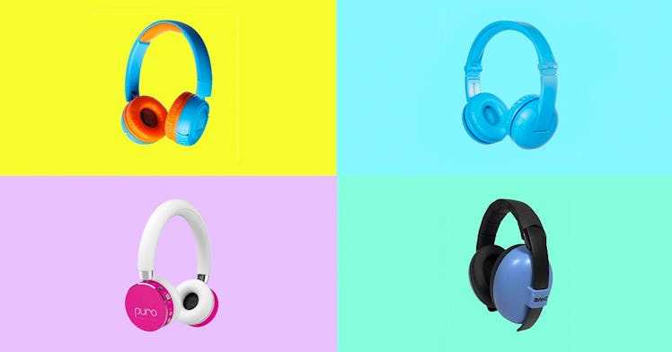 A four-part multi-colored collage of noise cancelling headphones for kids