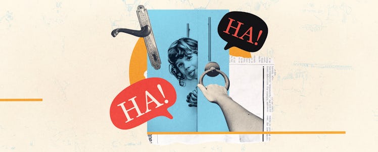 photo collage of a child peeking in through a door for knock knock jokes