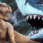 A large shark propped next to T-Rex, with his mouth open wide, like he is trying to eat the T-Rex in...