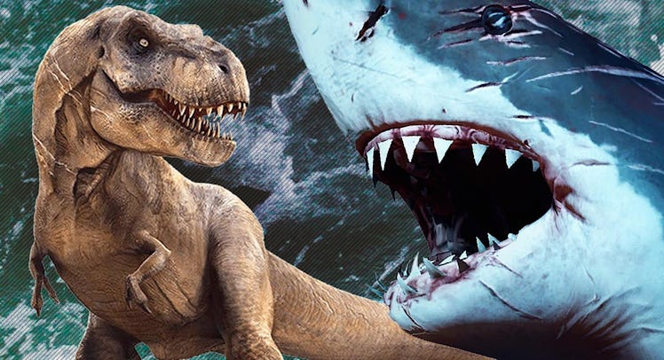 A large shark propped next to T-Rex, with his mouth open wide, like he is trying to eat the T-Rex in...