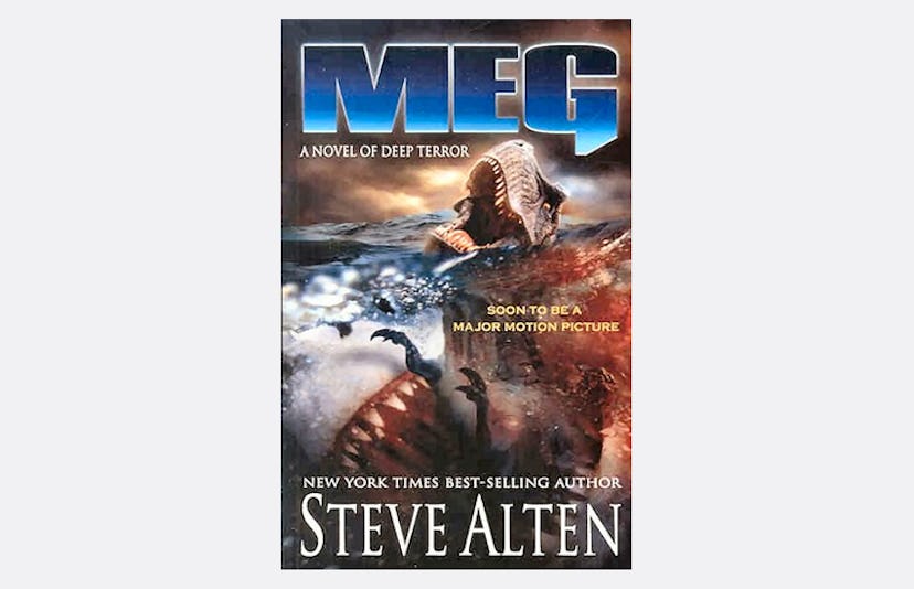 The book cover of "Meg", where a big shark is swallowing a T-Rex, written by Steve Alten.